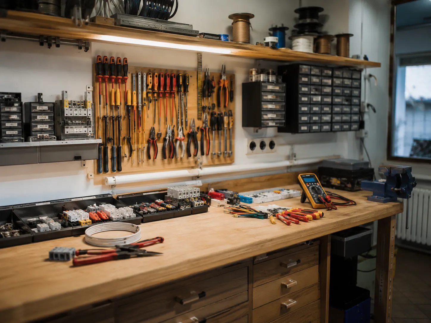 Aufgeräumte Elektriker-Werkstatt mit Werkzeug, Kabelrollen und Messgeräten