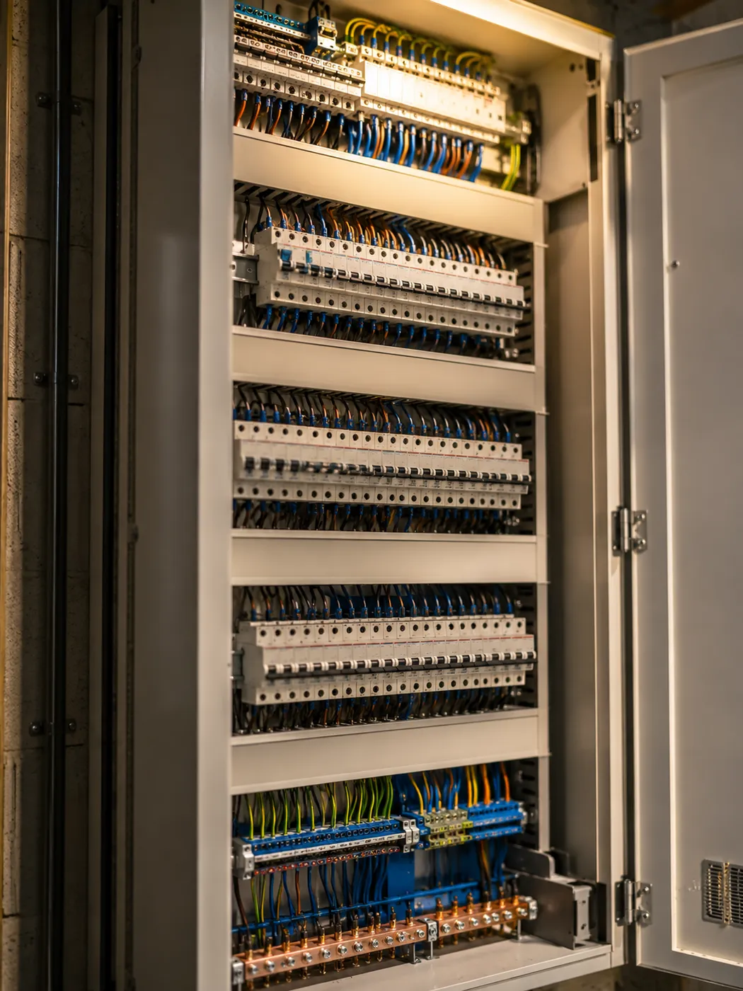 Offener Elektro-Verteilerschrank mit Sicherungsautomaten